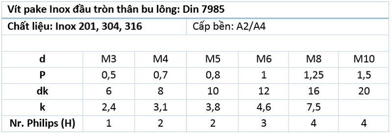 Vít pake inox đầu tròn thân bu lông din 7985